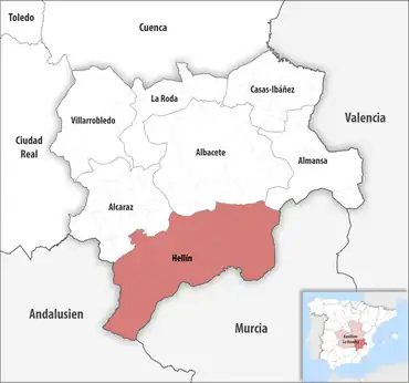 Die Lage des Gerichtsbezirk Hellín in der Provinz Albacete
