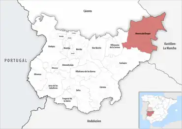 Die Lage des Gerichtsbezirk Herrera del Duque in der Provinz Badajoz