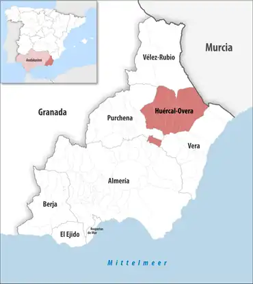 Die Lage des Gerichtsbezirk Huércal-Overa in der Provinz Almería