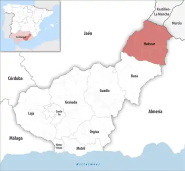 Die Lage des Gerichtsbezirk Huéscar in der Provinz Granada