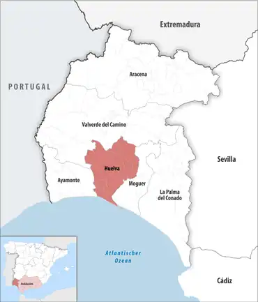 Die Lage des Gerichtsbezirk Huelva in der Provinz Huelva