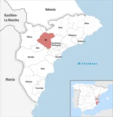 Die Lage des Gerichtsbezirk Ibi in der Provinz Alicante