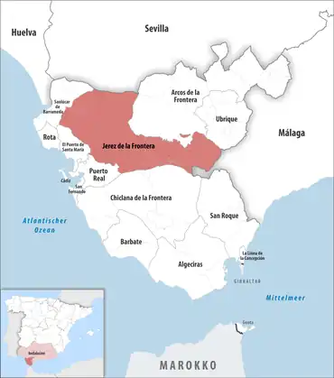 Die Lage des Gerichtsbezirk Jerez de la Frontera in der Provinz&nbsp;Cádiz
