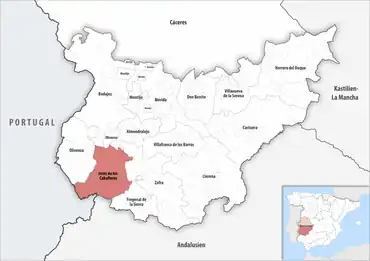 Die Lage des Gerichtsbezirk Jerez de los Caballeros in der Provinz Badajoz