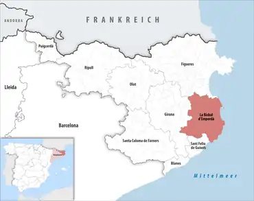 Die Lage des Gerichtsbezirk La Bisbal d’Empordà in der Provinz Girona