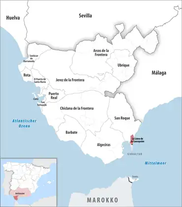 Die Lage des Gerichtsbezirk La Línea de la Concepción in der Provinz Cádiz