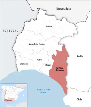 Die Lage des Gerichtsbezirk La Palma del Condado in der Provinz Huelva