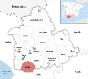 Die Lage des Gerichtsbezirk Lebrija in der Provinz Sevilla