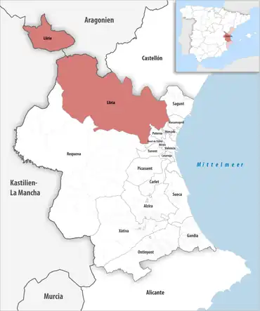 Die Lage des Gerichtsbezirk Llíria in der Provinz Valencia