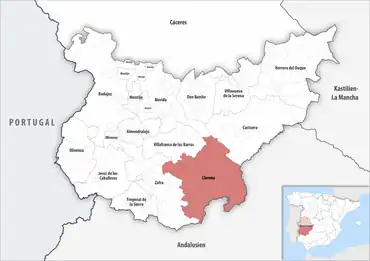 Die Lage des Gerichtsbezirk Llerena in der Provinz Badajoz