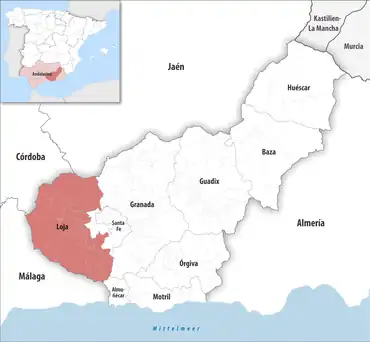 Die Lage des Gerichtsbezirk Loja in der Provinz Granada