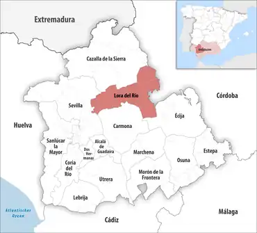 Die Lage des Gerichtsbezirk Lora del Río in der Provinz Sevilla