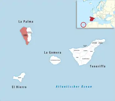 Die Lage des Gerichtsbezirk Los Llanos de Aridane in der Provinz Santa Cruz de Tenerife