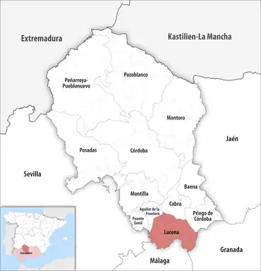 Die Lage des Gerichtsbezirk Lucena in der Provinz Córdoba