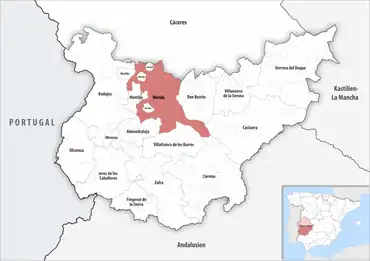 Die Lage des Gerichtsbezirk Mérida in der Provinz Badajoz