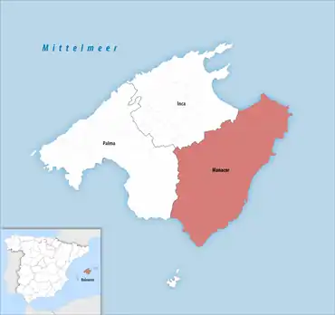 Die Lage des Gerichtsbezirk Manacor auf der Insel Mallorca