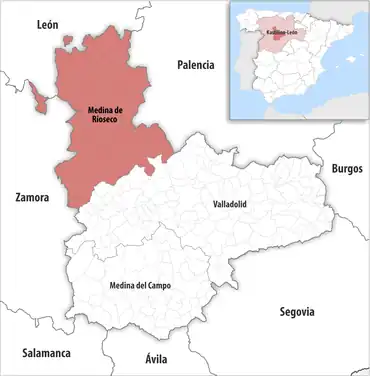 Die Lage des Gerichtsbezirk Medina de Rioseco in der Provinz Valladolid
