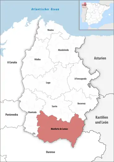 Die Lage des Gerichtsbezirk Monforte de Lemos in der Provinz Lugo