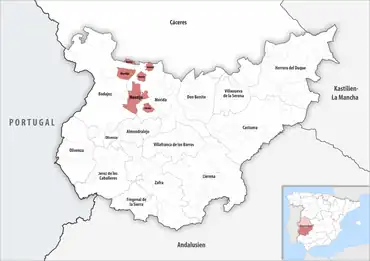 Die Lage des Gerichtsbezirk Montijo in der Provinz Badajoz