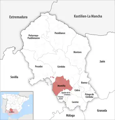 Die Lage des Gerichtsbezirk Montilla in der Provinz Córdoba