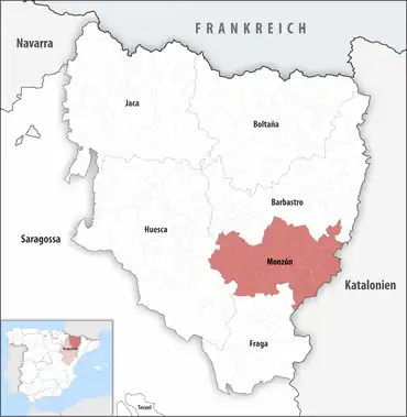 Die Lage des Gerichtsbezirk Monzón in der Provinz Huesca
