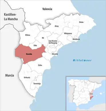 Die Lage des Gerichtsbezirk Novelda in der Provinz Alicante