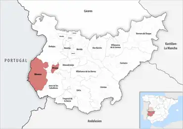 Die Lage des Gerichtsbezirk Olivenza in der Provinz Badajoz