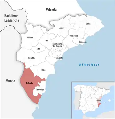 Die Lage des Gerichtsbezirk Orihuela in der Provinz Alicante