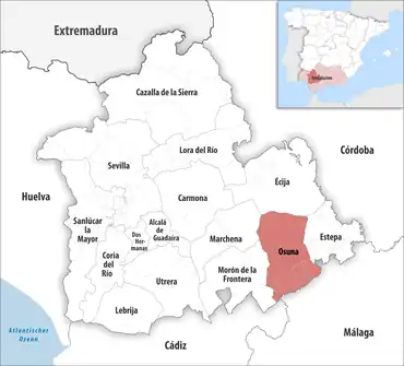 Die Lage des Gerichtsbezirk Osuna in der Provinz Sevilla