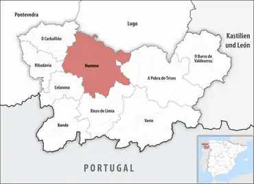 Die Lage des Gerichtsbezirk Ourense in der Provinz Ourense