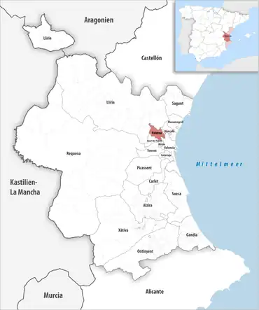 Die Lage des Gerichtsbezirk Paterna in der Provinz Valencia