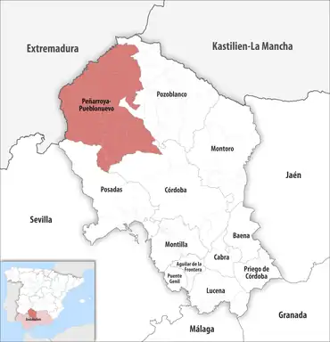 Die Lage des Gerichtsbezirk Peñarroya-Pueblonuevo in der Provinz Córdoba
