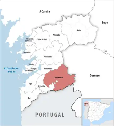 Die Lage des Gerichtsbezirk Ponteareas in der Provinz Pontevedra