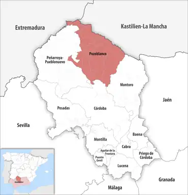 Die Lage des Gerichtsbezirk Pozoblanco in der Provinz Córdoba