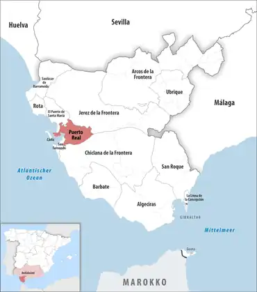 Die Lage des Gerichtsbezirk Puerto Real in der Provinz Cádiz