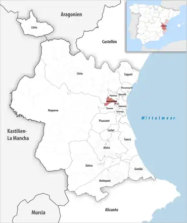 Die Lage des Gerichtsbezirk Quart de Poblet in der Provinz Valencia