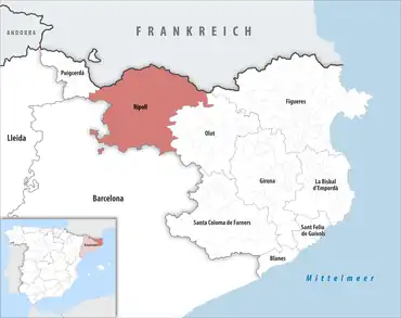 Die Lage des Gerichtsbezirk Ripoll in der Provinz Girona
