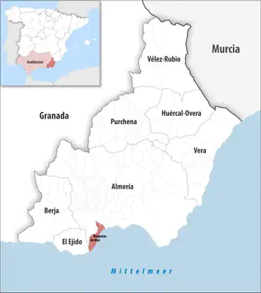 Die Lage des Gerichtsbezirk Roquetas de Mar in der Provinz Almería