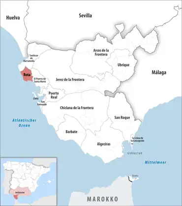 Die Lage des Gerichtsbezirk Rota in der Provinz Cádiz
