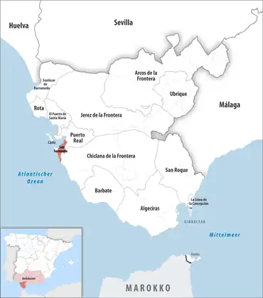 Die Lage des Gerichtsbezirk San Fernando in der Provinz Cádiz