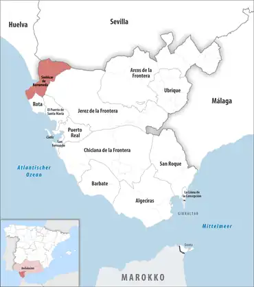 Die Lage des Gerichtsbezirk Sanlúcar de Barrameda in der Provinz Cádiz