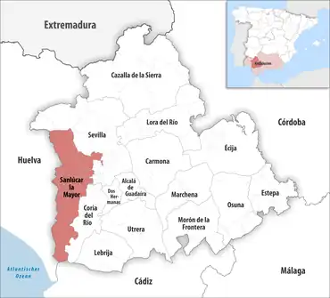Die Lage des Gerichtsbezirk Sanlúcar la Mayor in der Provinz Sevilla