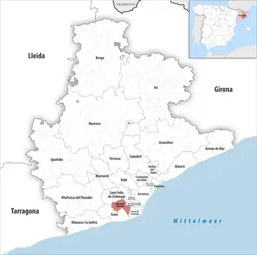 Die Lage des Gerichtsbezirk Sant Boi de Llobregat in der Provinz Barcelona