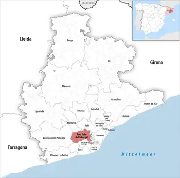 Die Lage des Gerichtsbezirk Sant Feliu de Llobregat in der Provinz Barcelona
