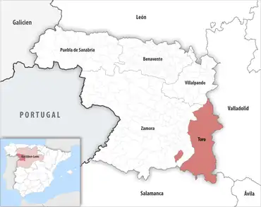 Die Lage des Gerichtsbezirk Toro in der Provinz Zamora
