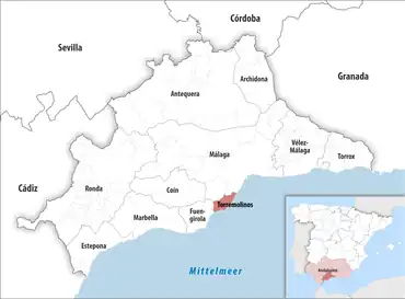 Die Lage des Gerichtsbezirk Torremolinos in der Provinz Málaga