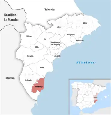 Die Lage des Gerichtsbezirk Torrevieja in der Provinz Alicante