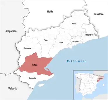 Die Lage des Gerichtsbezirk Tortosa in der Provinz Tarragona