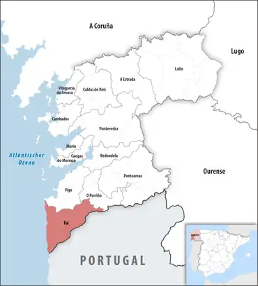 Die Lage des Gerichtsbezirk Tui in der Provinz Pontevedra