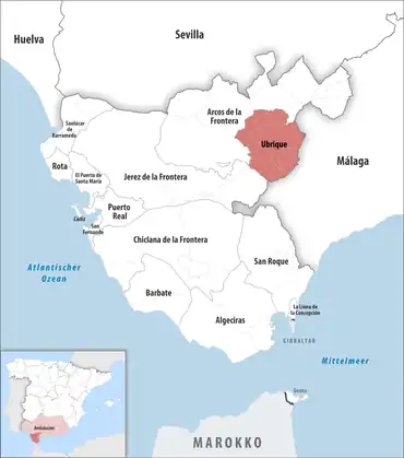 Die Lage des Gerichtsbezirk Ubrique in der Provinz Cádiz